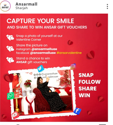 Don`t miss out on our Valentine`s Corner! ❤ Snap a photo of yourself at our beautifully decorated corner and share it on Facebook or Instagram with #ansarvalentine for a chance to win Ansar Gift Vouchers! 📸✨ Spread the love and join the celebration today! #ValentinesDay